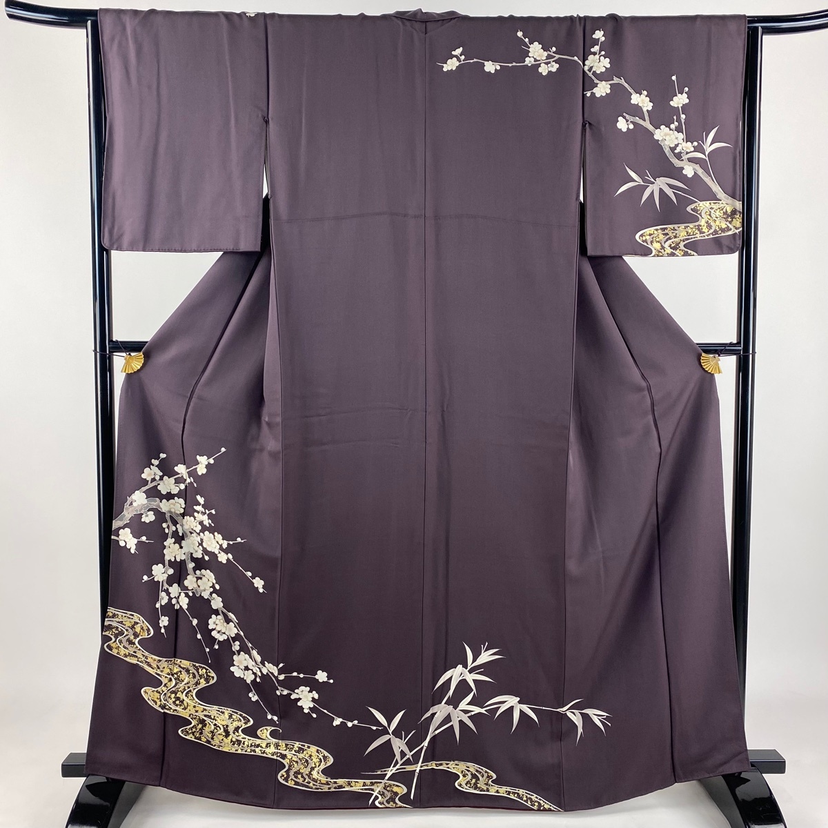 訪問着 身丈164cm 裄丈65cm M 袷 枝梅 流水 金彩 紫 正絹 秀品 【中古】拍卖