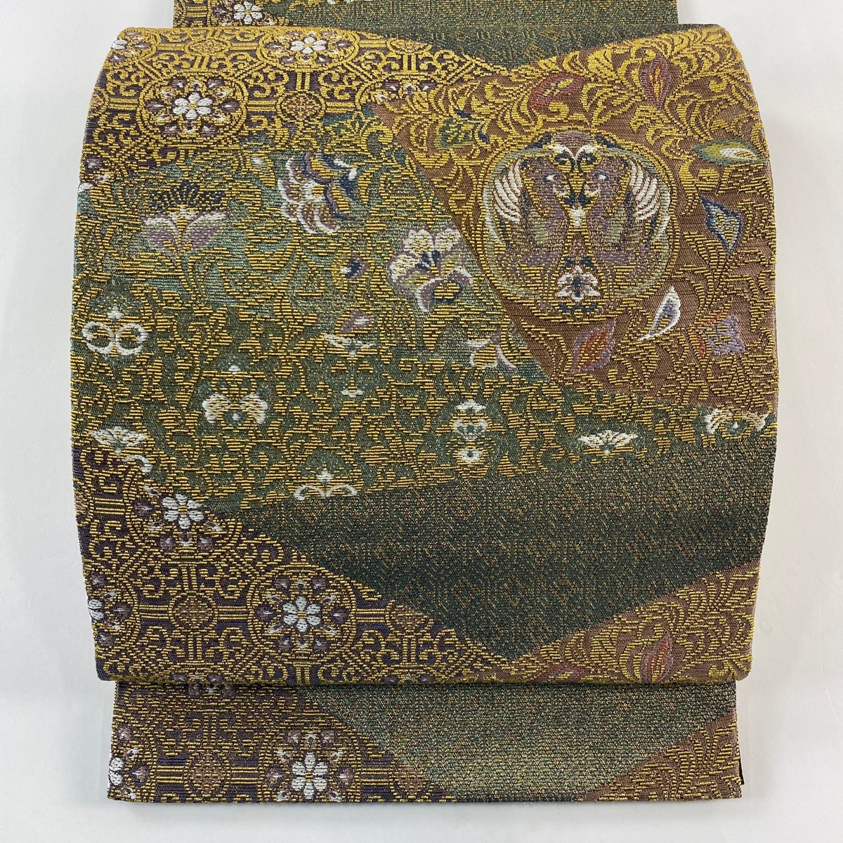 【美品】 袋帯 名品 向かい鳥 草花 金糸 灰緑 六通 正絹 【中古】拍卖