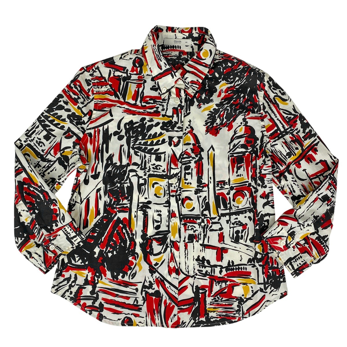 プラダ PRADA ボタンダウン 長袖シャツ 総柄 トップス 長袖シャツ コットン ホワイト レッド ブラック レディース 【中古】拍卖