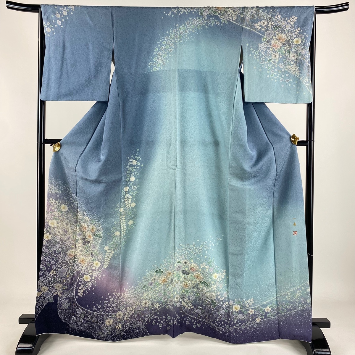 訪問着 身丈165cm 裄丈65.5cm M 袷 吉乃一廉 落款 辻が花 銀通し 金彩 青灰色 正絹 逸品 【中古】拍卖