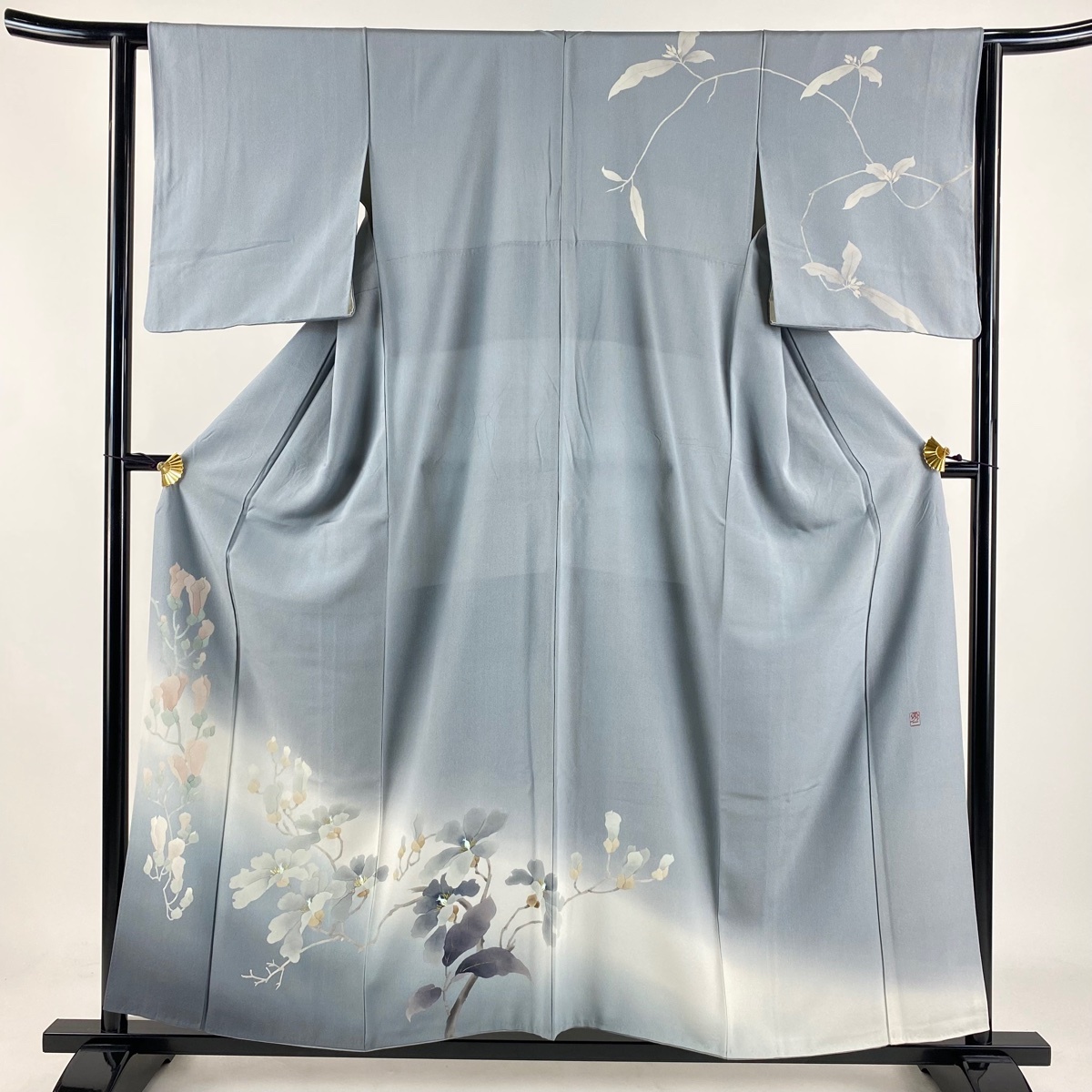 訪問着 身丈156.5cm 裄丈62.5cm S 袷 落款 枝花 金彩 ぼかし 青灰色 正絹 秀品 【中古】拍卖