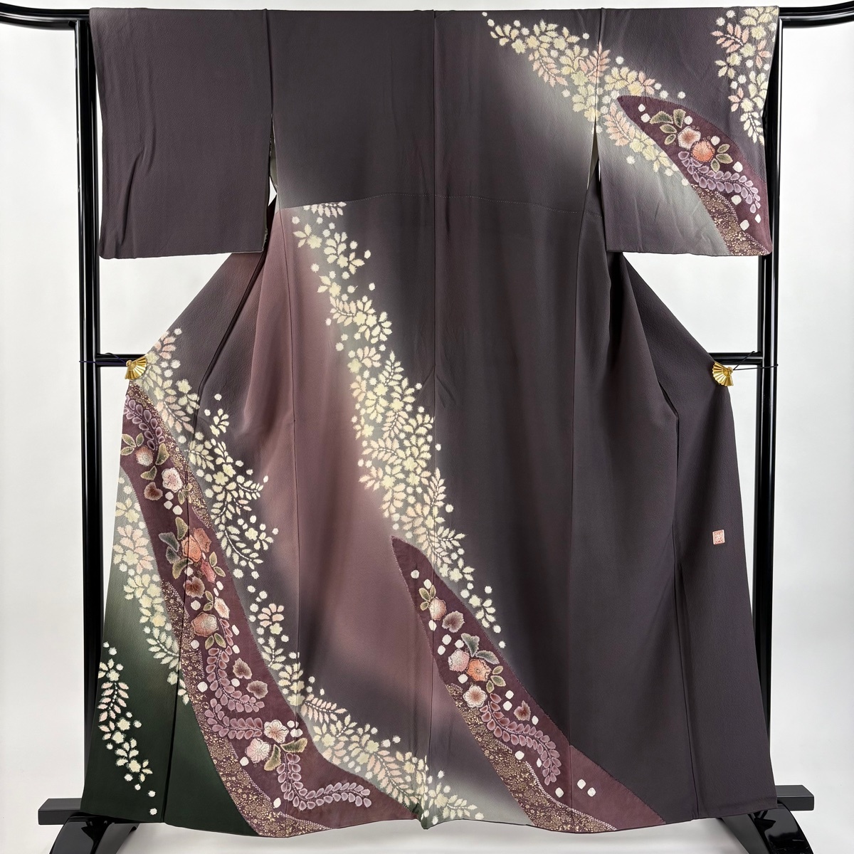 訪問着 身丈161cm 裄丈64cm M 袷 滝泰 落款 辻が花 金彩 染め分け 灰紫 正絹 逸品 【中古】拍卖