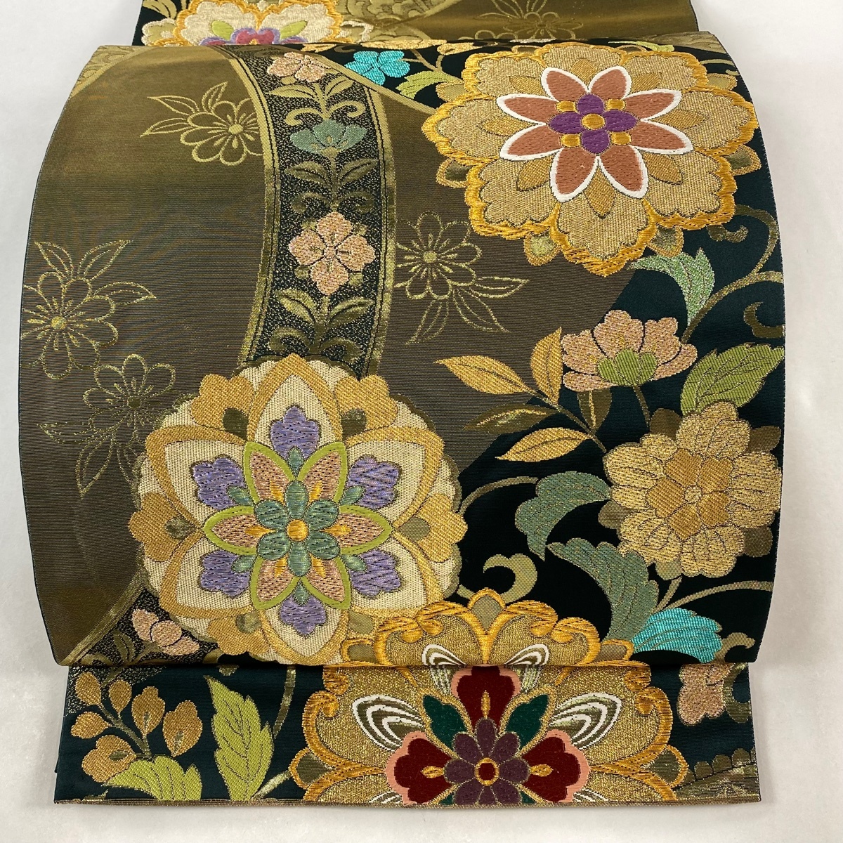 袋帯 美品 秀品 華文 花唐草 金糸 箔 深緑 全通 正絹 【中古】拍卖