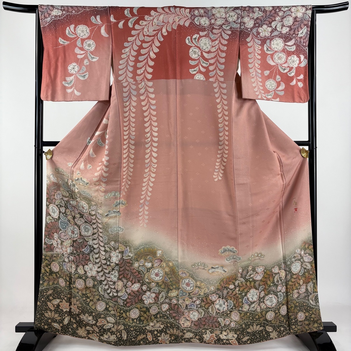 訪問着 身丈164.5cm 裄丈66cm M 袷 吉乃一廉 落款 辻が花 銀通し ぼかし ピンク 正絹 逸品 【中古】拍卖