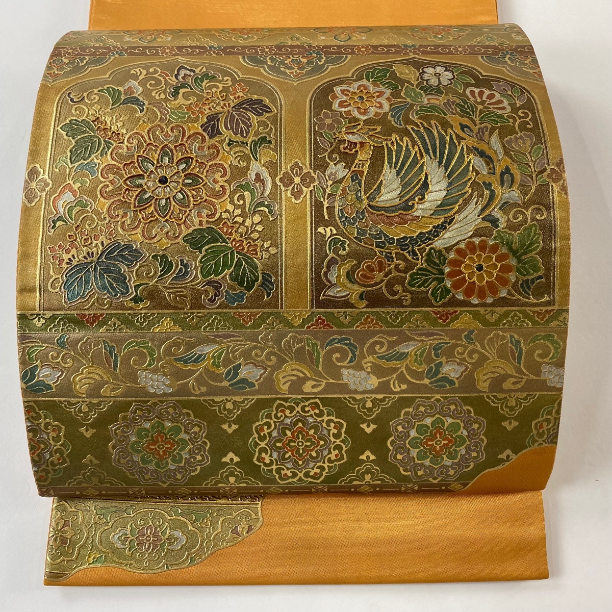 【美品】 袋帯 秀品 華文 向かい鳥 金銀彩 オレンジ お太鼓柄 正絹 【中古】拍卖