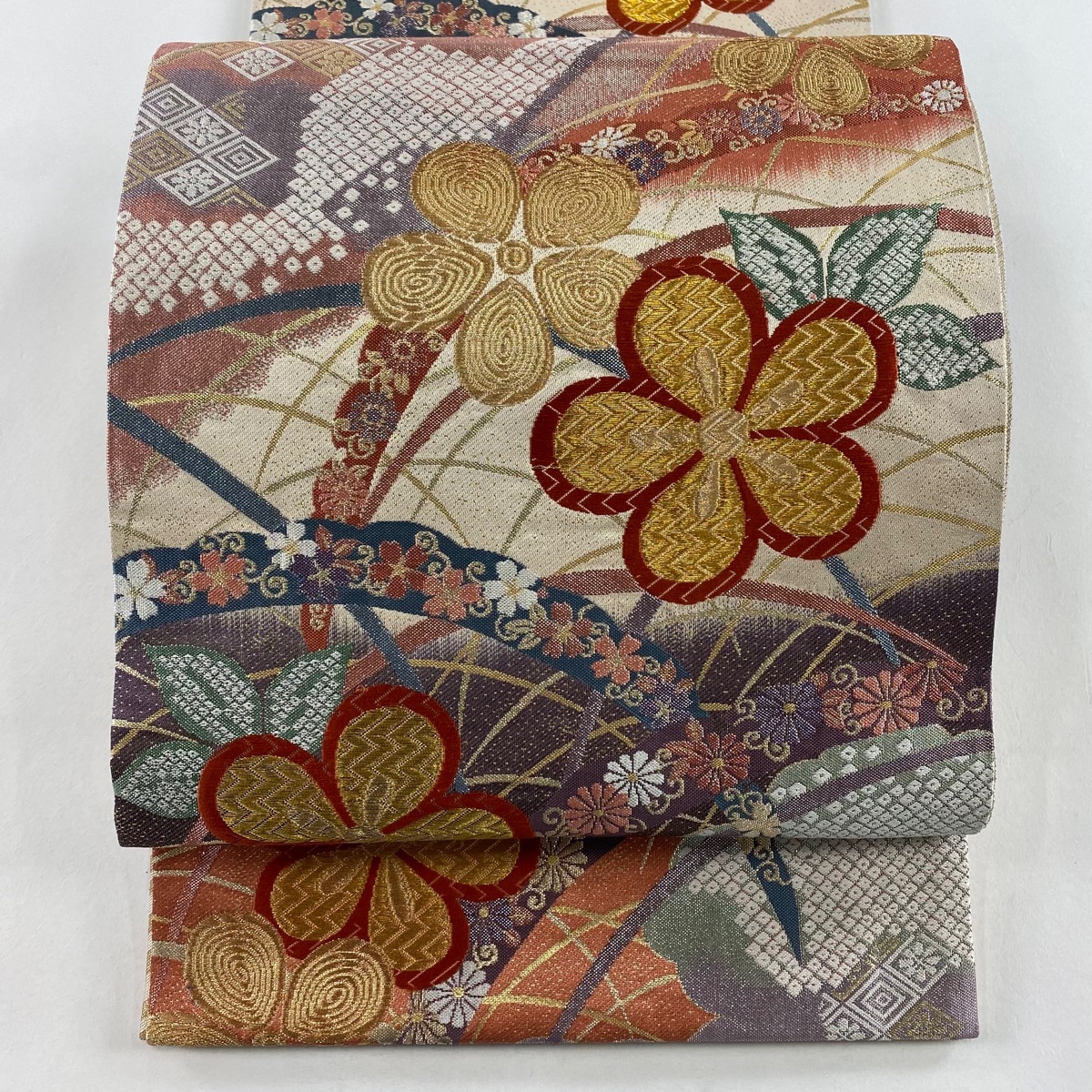 【美品】 袋帯 秀品 雪芝 花 金糸 箔 クリーム 六通 正絹 【中古】拍卖