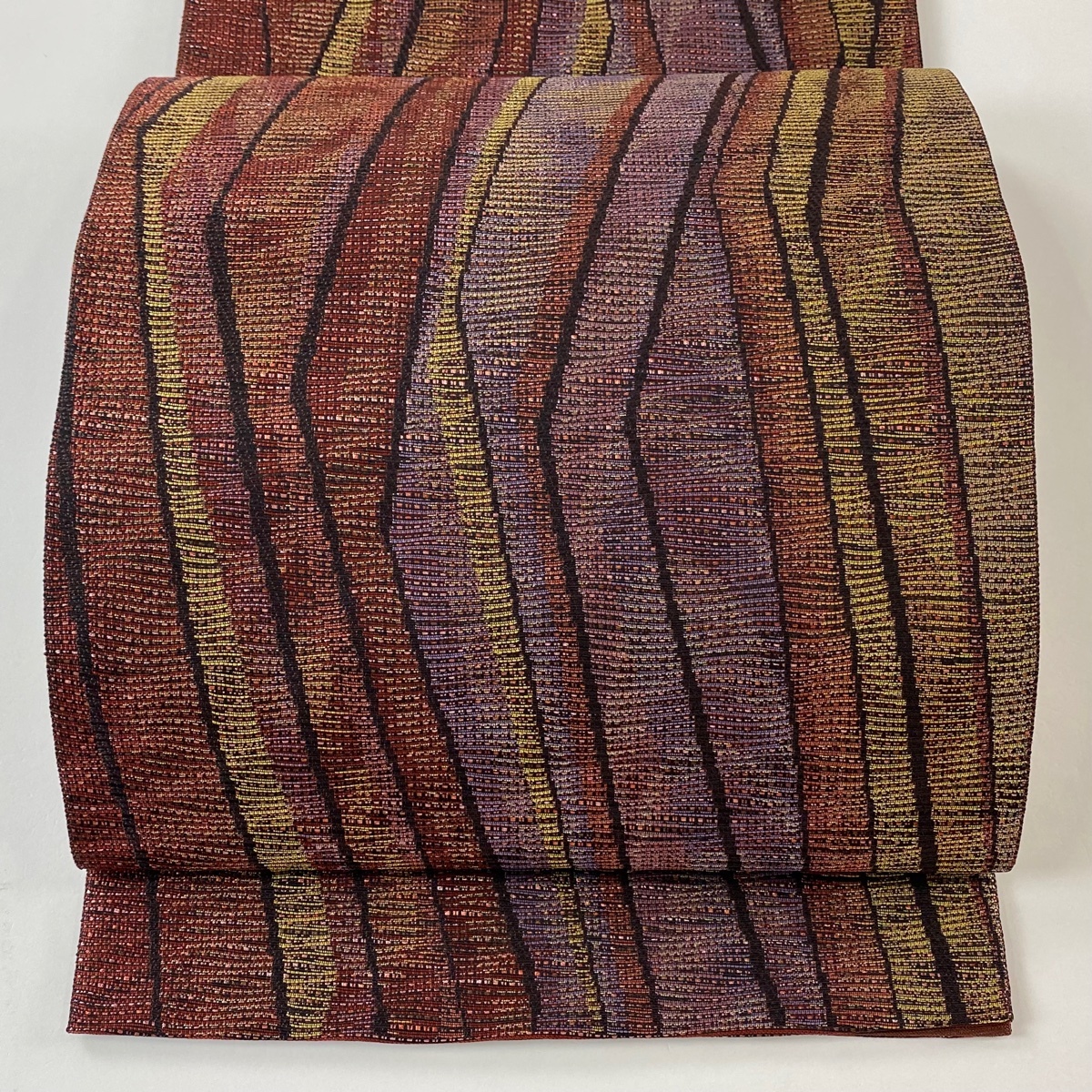 【美品】 袋帯 名品 落款 都喜ヱ門 斜縞 金糸 赤紫 六通 正絹 【中古】拍卖