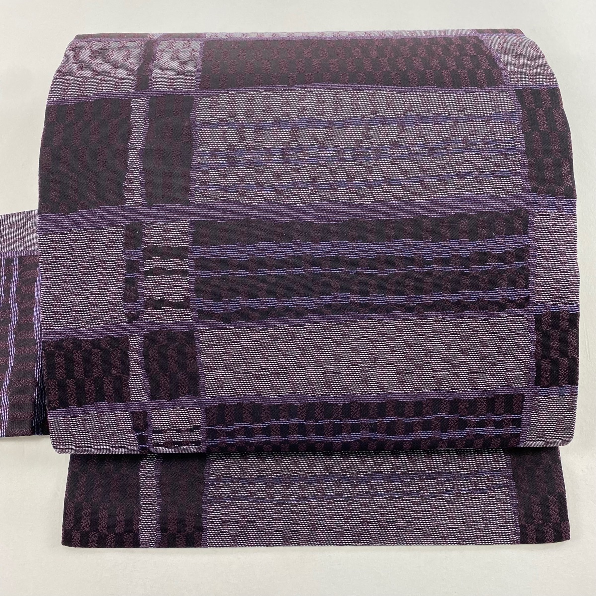 【美品】 名古屋帯 名品 縞 幾何学 紫 正絹 【中古】拍卖