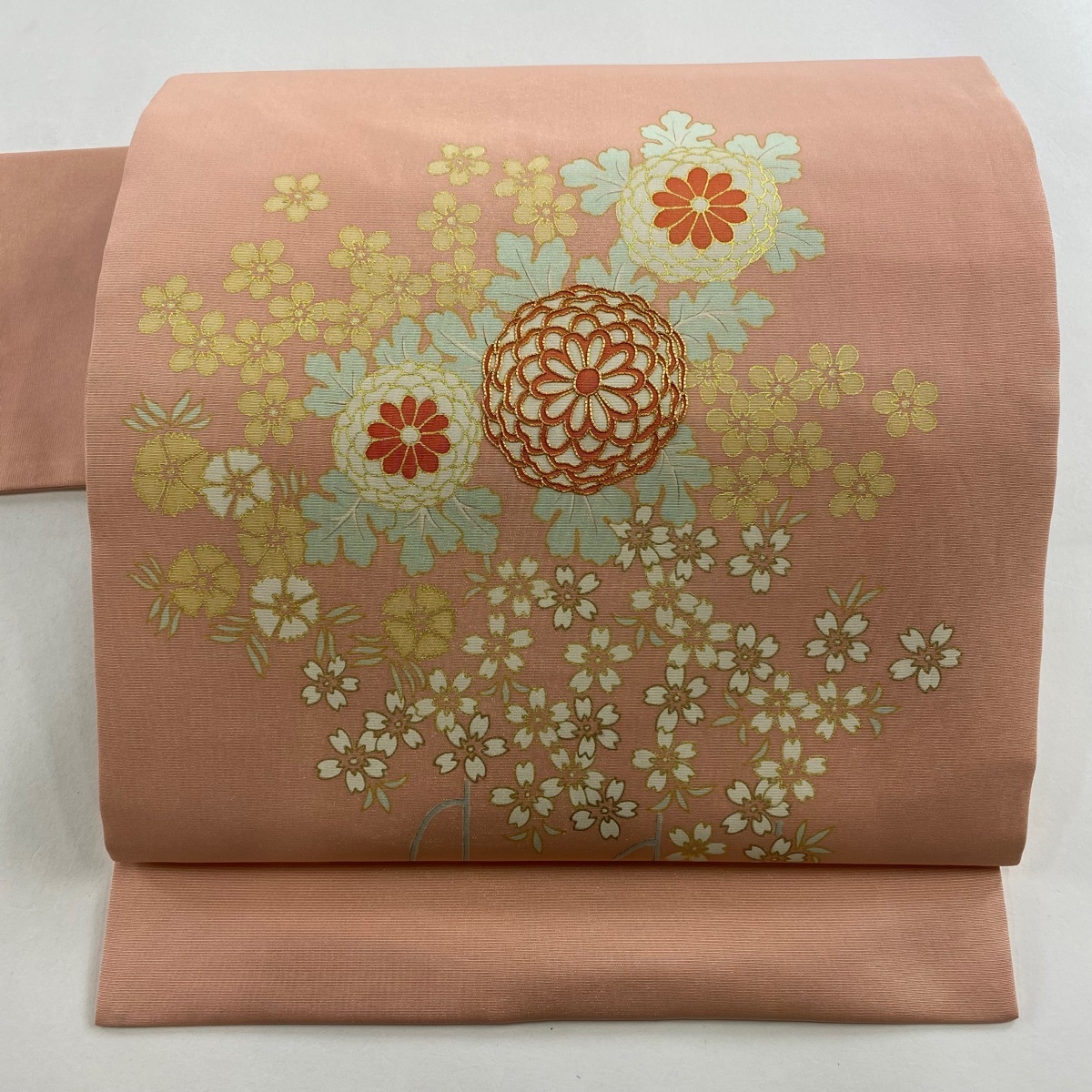 【美品】 名古屋帯 秀品 菊 桜 金糸 金彩 サーモンピンク 正絹 【中古】拍卖