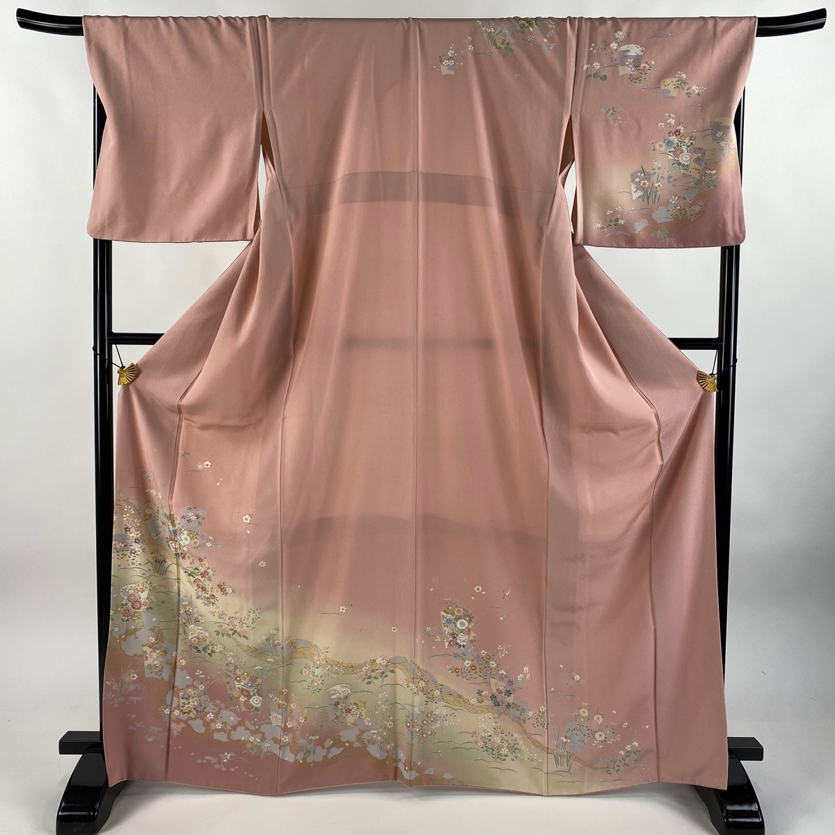 訪問着 身丈168cm 裄丈69.5cm L 袷 草花 波 金彩 ぼかし ピンク 正絹 秀品 【中古】拍卖