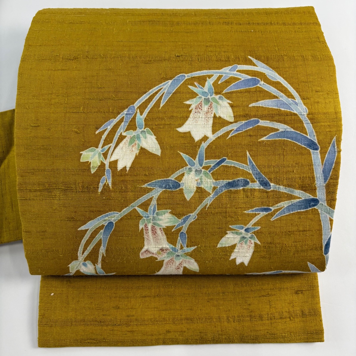 名古屋帯 秀品 紬地 草花 からし色 正絹 【中古】拍卖