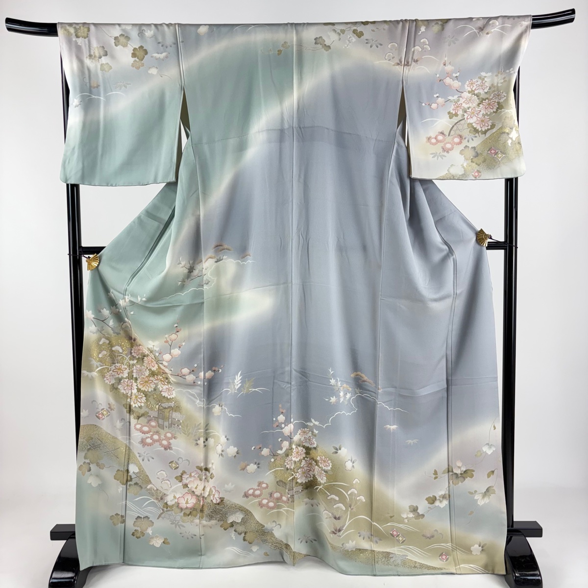 訪問着 身丈169.5cm 裄丈70cm L 袷 菊 草花 金糸 金彩 灰緑 正絹 秀品 【中古】拍卖