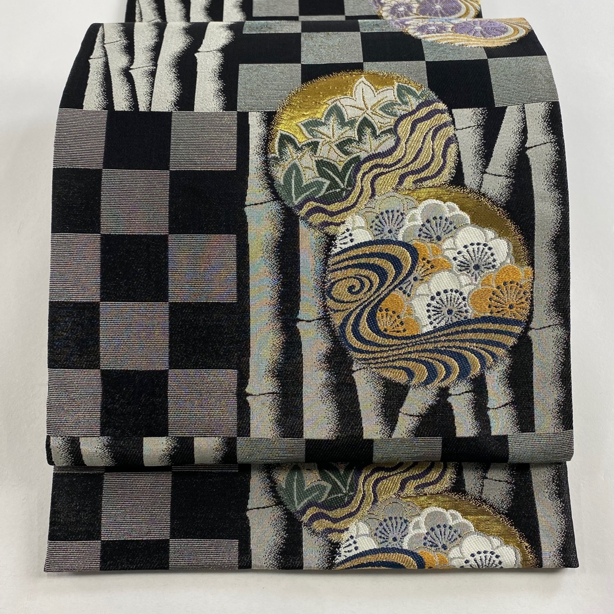 【美品】 袋帯 名品 梅 竹 金糸 箔 黒 六通 正絹 【中古】拍卖