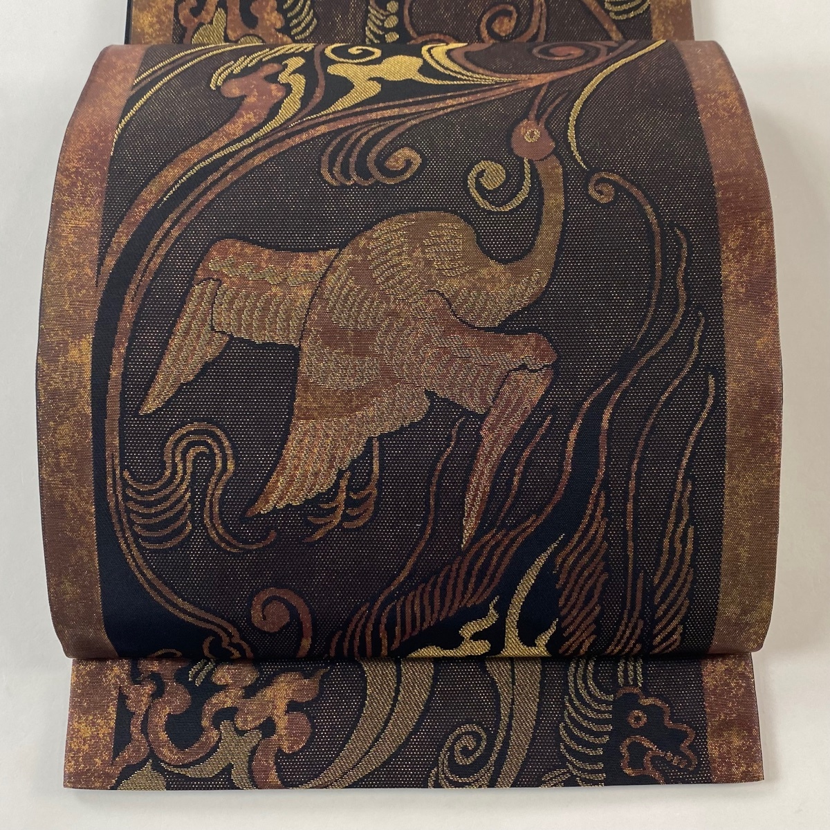 【美品】 袋帯 逸品 桝屋高尾 落款 鳥 動物 金糸 箔 焦茶色 六通 正絹 【中古】拍卖