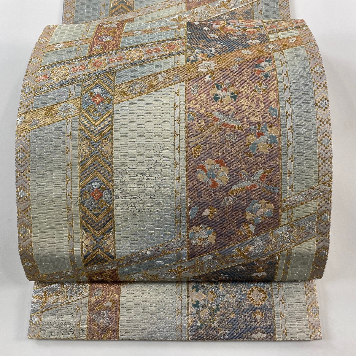 【美品】 袋帯 秀品 関西仕立て 正倉院間道文 箔 金銀糸 青灰色 六通 正絹 【中古】拍卖