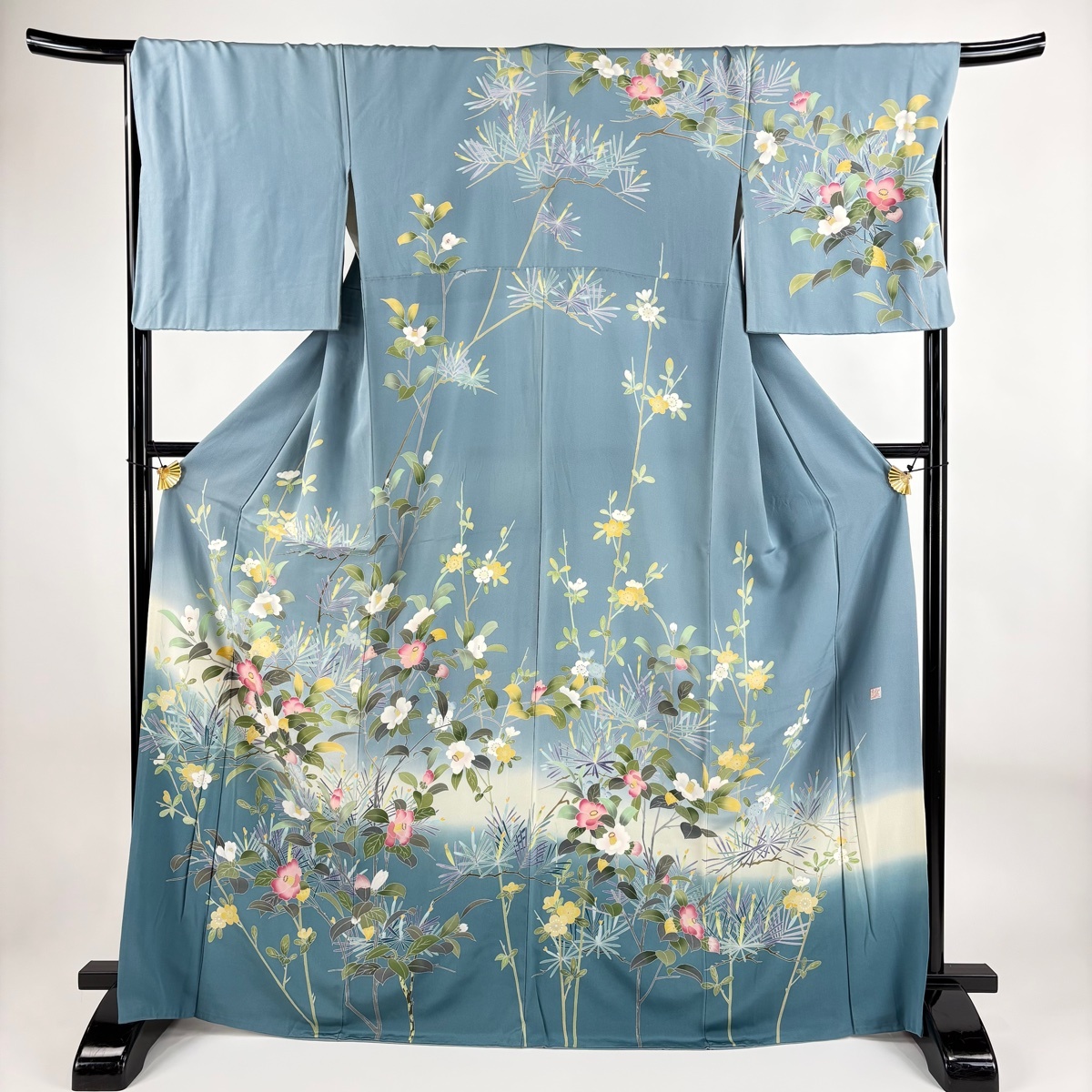 訪問着 身丈168cm 裄丈67cm M 袷 落款あり 草花 ぼかし 青灰色 正絹 逸品 【中古】拍卖