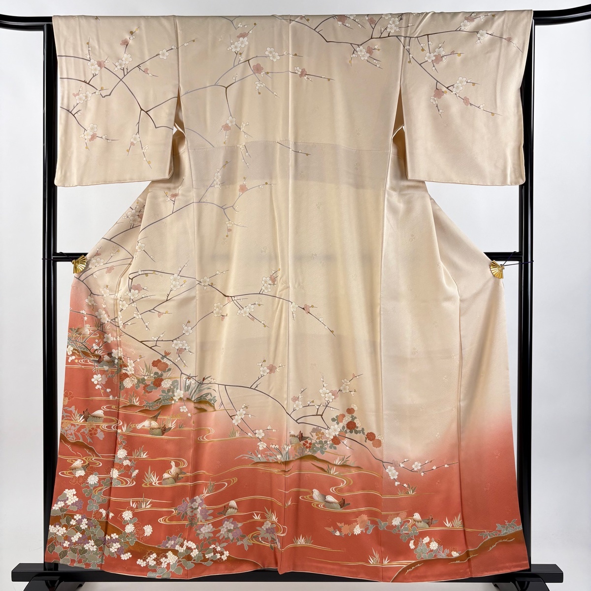 訪問着 身丈158cm 裄丈64.5cm M 袷 鴛鴦 枝梅 金糸 金彩 ベージュ 正絹 秀品 【中古】拍卖