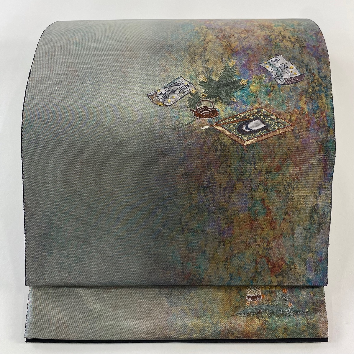 袋帯 秀品 若松 硯 銀糸 箔 銀色 お太鼓柄 正絹 【中古】拍卖