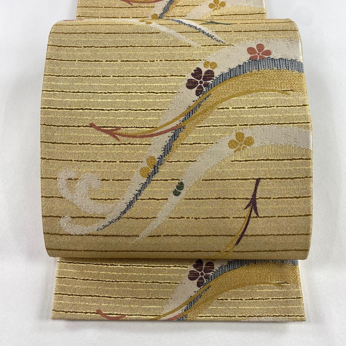 【美品】 袋帯 秀品 松葉 縞 金糸 箔 金色 六通 正絹 【中古】拍卖