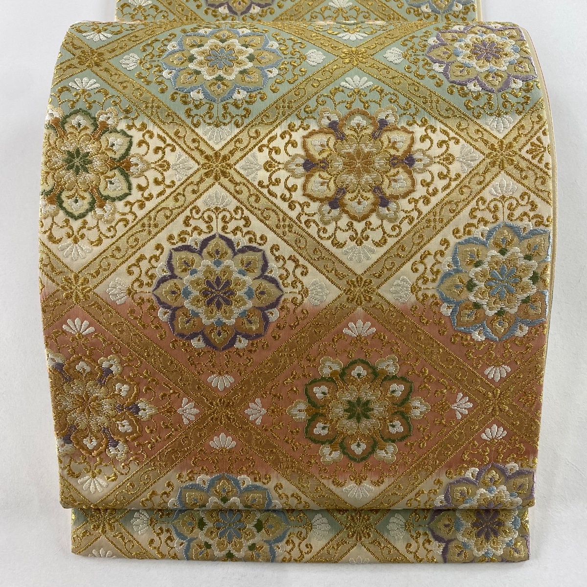 【美品】 袋帯 秀品 格天井 華文 金糸 箔 ベージュ 六通 正絹 【中古】拍卖