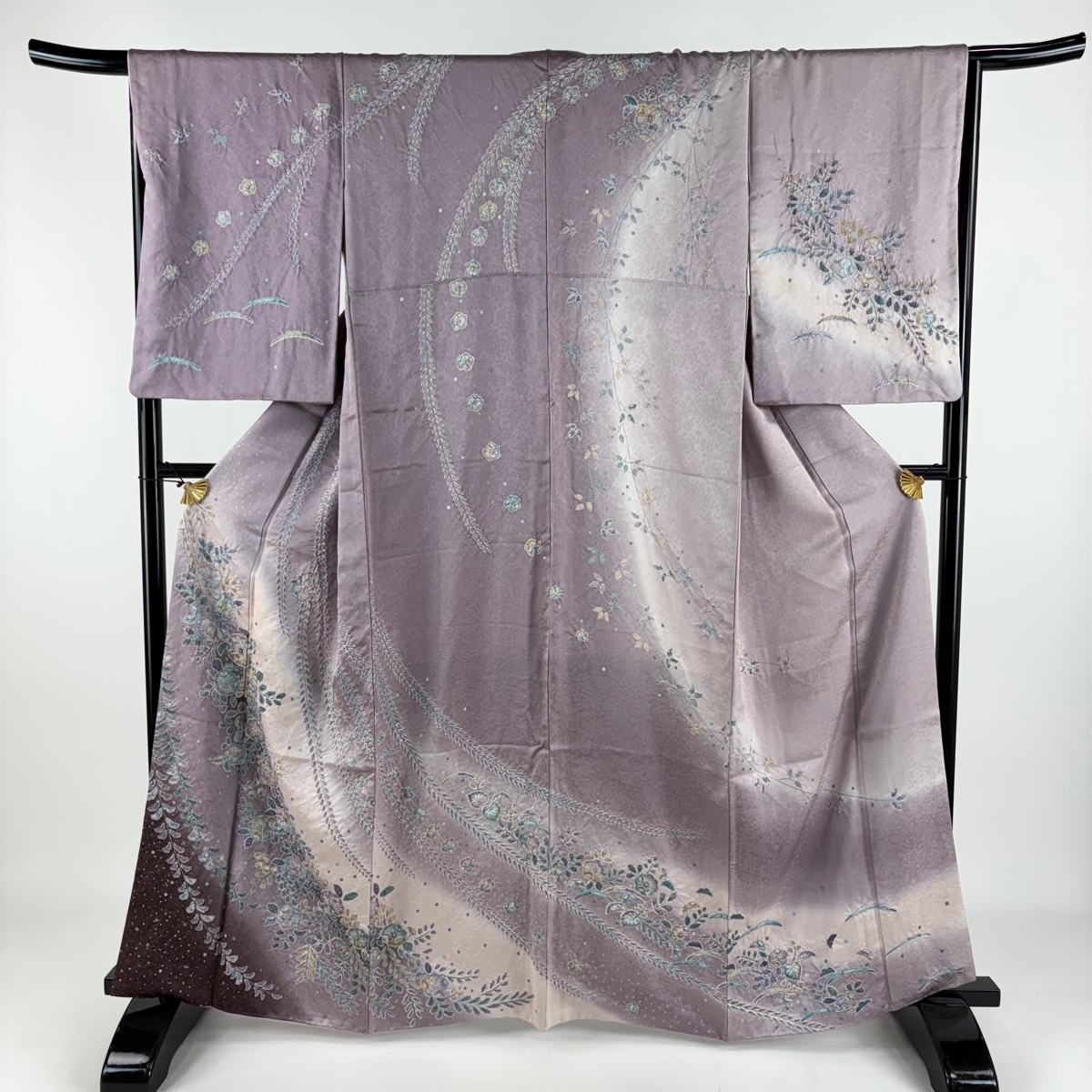 訪問着 身丈162.5cm 裄丈66.5cm M 袷 辻が花 藤 金彩 ぼかし 灰紫 正絹 名品 【中古】拍卖