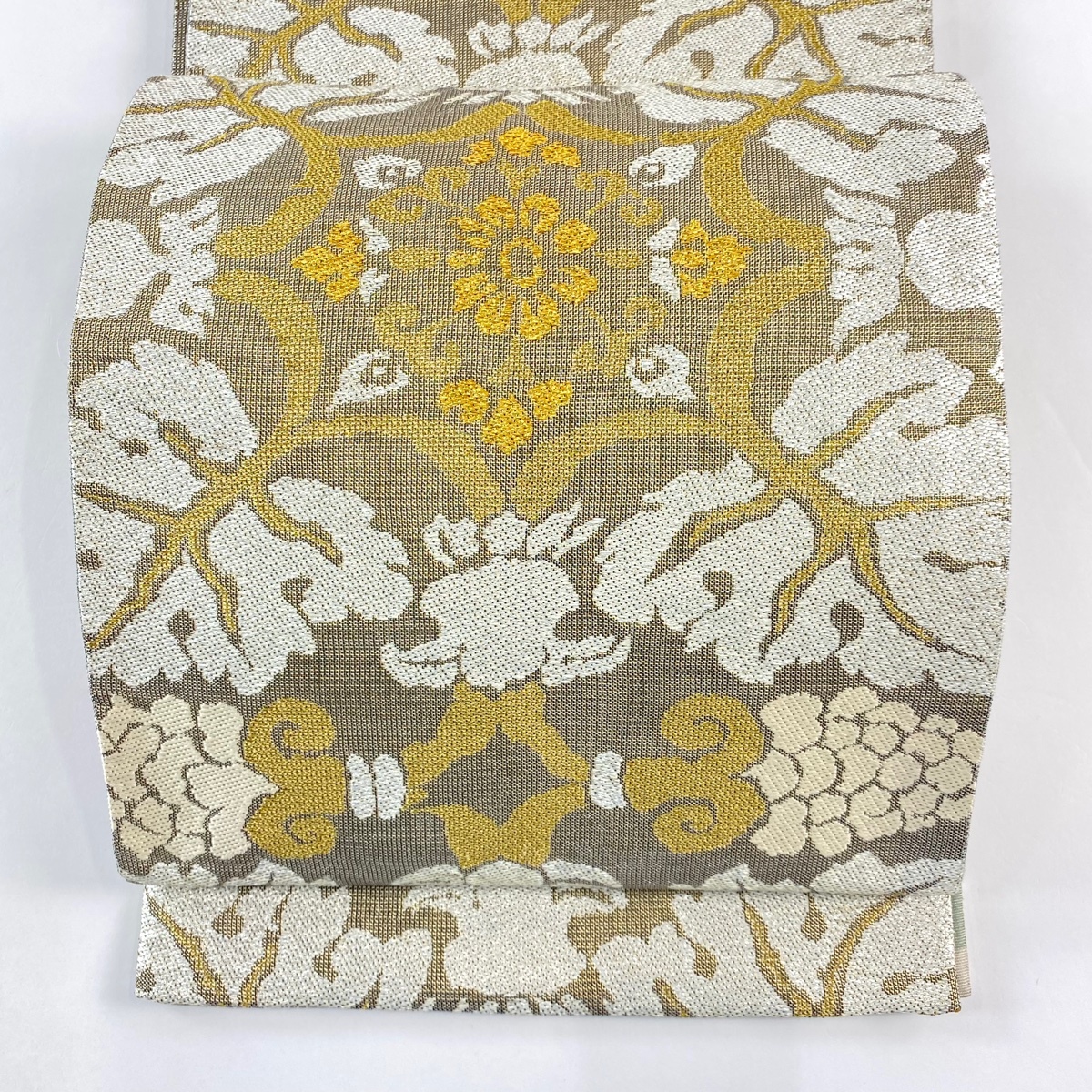 【美品】 袋帯 名品 華文 金糸 箔 灰茶 六通 正絹 【中古】拍卖