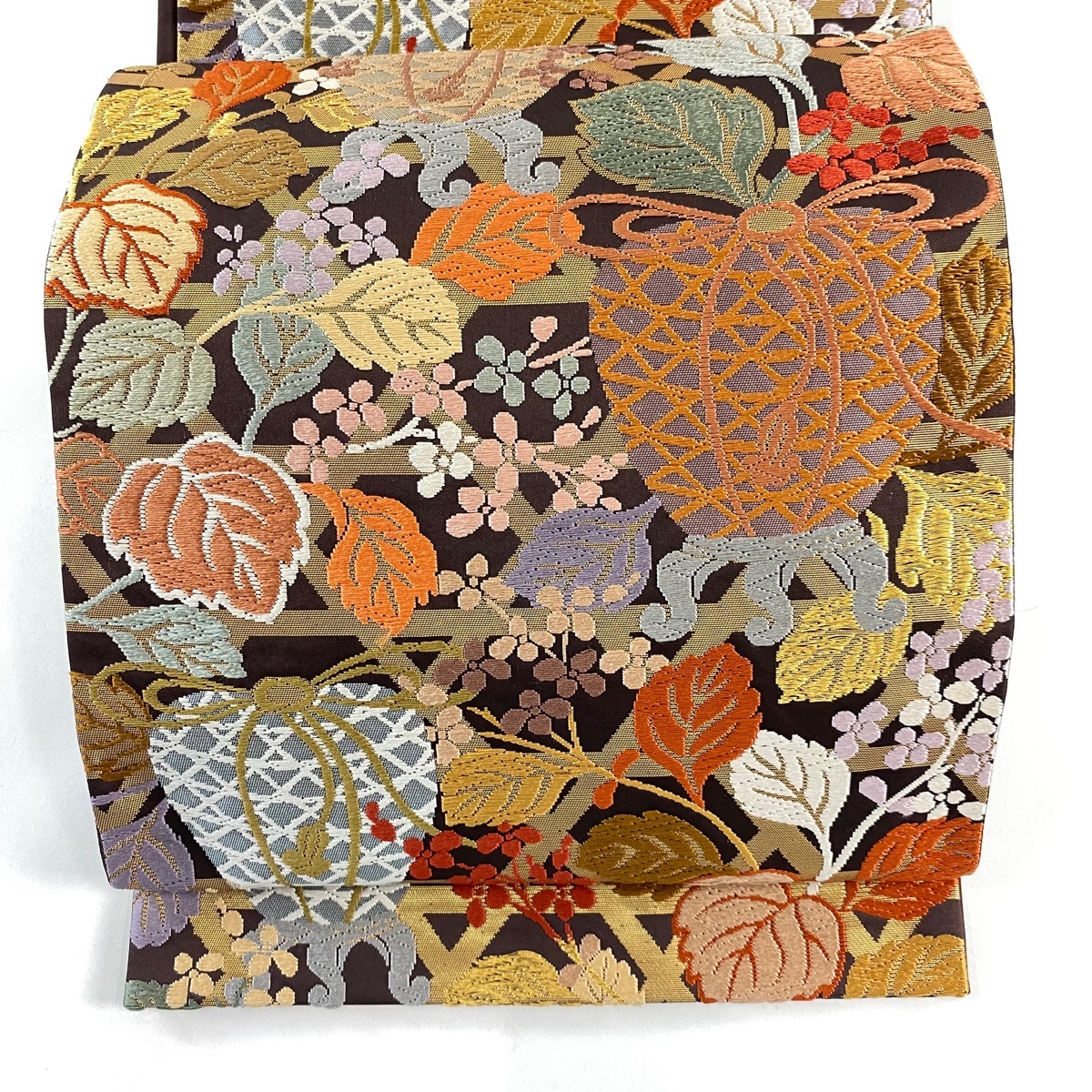 【美品】 袋帯 名品 お仕覆 枝花 箔 金糸 焦茶色 六通 正絹 【中古】拍卖