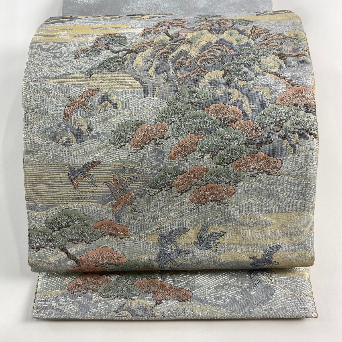 袋帯 名品 笠松 鳥 箔 灰色 お太鼓柄 正絹 【中古】拍卖
