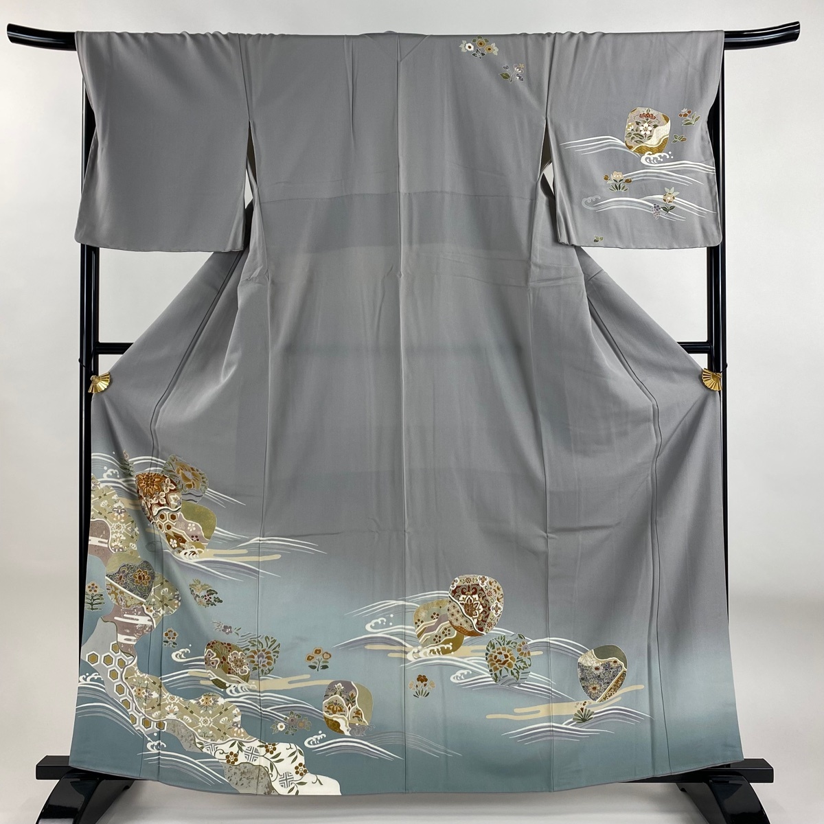 訪問着 身丈162cm 裄丈67cm M 袷 団扇 草花 金銀彩 ぼかし 灰色 正絹 秀品 【中古】拍卖