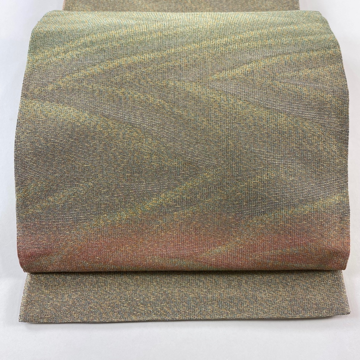 袋帯 秀品 幾何学 金糸 箔 茶緑色 全通 正絹 【中古】拍卖