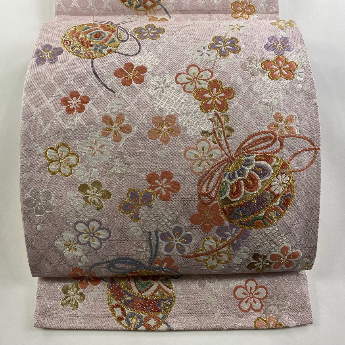 【美品】 袋帯 秀品 鈴 梅 金糸 箔 ピンク 六通 正絹 【中古】拍卖