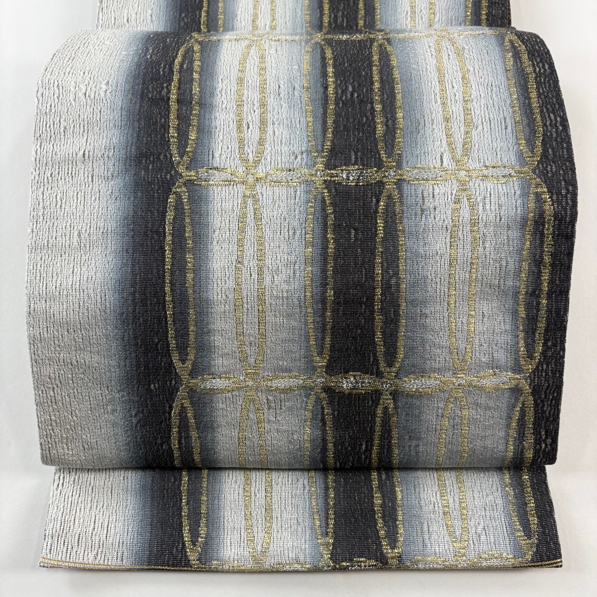 袋帯 名品 幾何学模様 縞 箔 金通し 青灰色 六通 正絹 【中古】拍卖