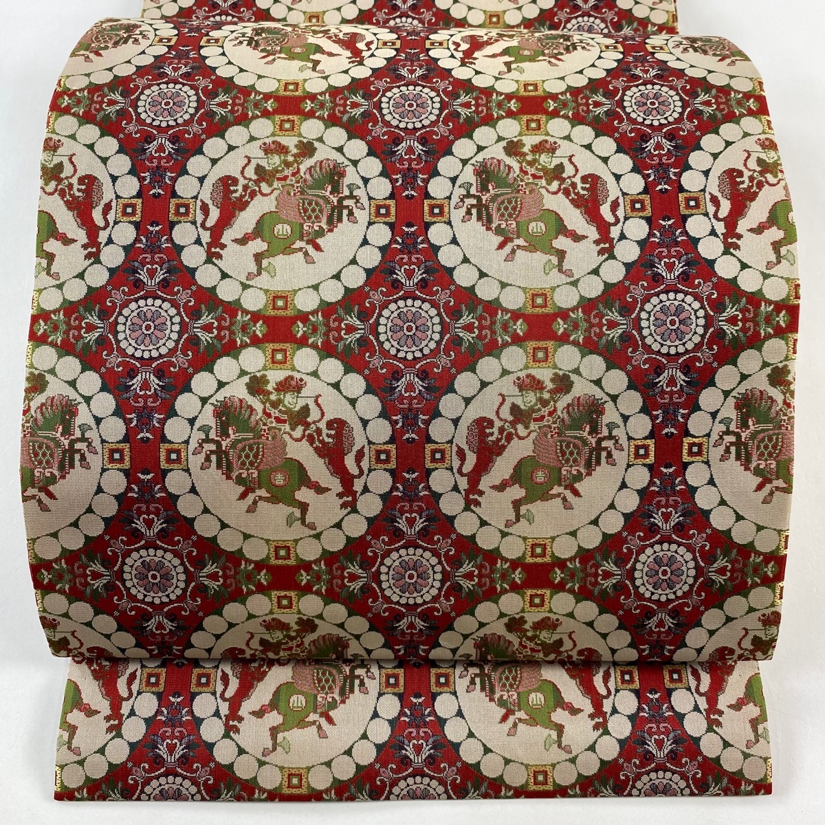 【美品】 開き名古屋帯 名品 龍村美術織物 比翼仕立て 連珠狩猟文 朱色 正絹 【中古】拍卖