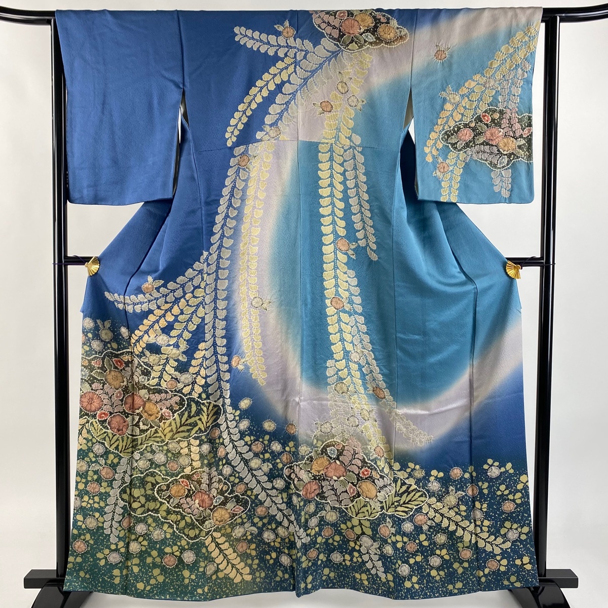 訪問着 身丈161cm 裄丈64cm M 袷 辻が花柄 雲文 ぼかし 青 正絹 逸品 【中古】拍卖