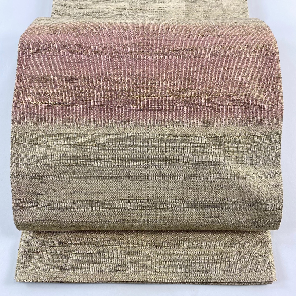 袋帯 名品 段縞 箔 ベージュ 全通 正絹 【中古】拍卖