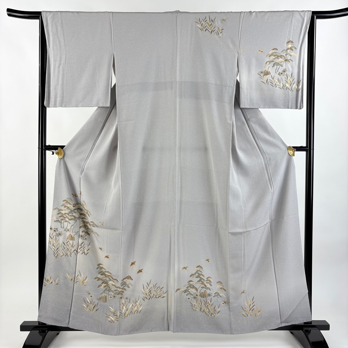 訪問着 身丈159cm 裄丈64cm M 袷 笠松 花鳥 金彩 ぼかし 灰色 正絹 秀品 【中古】拍卖