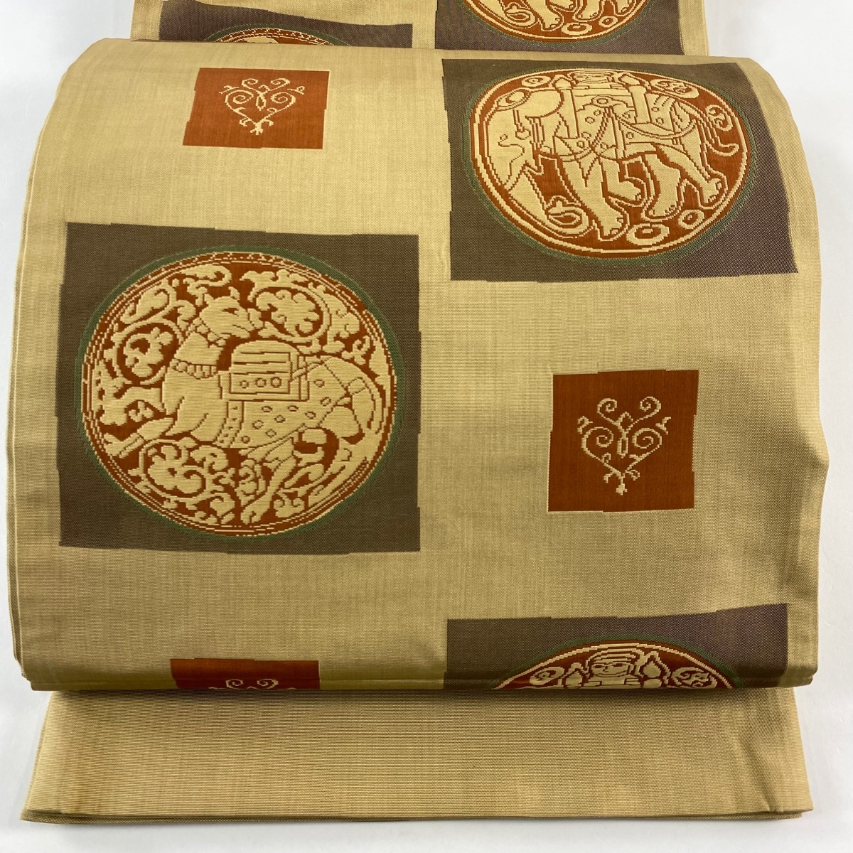 【美品】 袋帯 名品 木屋太 証紙 らくだ皿文 象 薄茶色 六通 正絹 【中古】拍卖