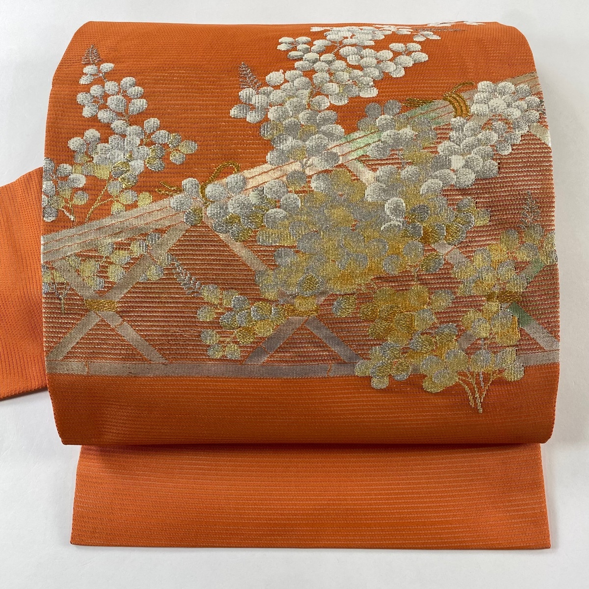 【美品】 名古屋帯 優品 夏帯 萩 金銀糸 オレンジ 正絹 【中古】拍卖