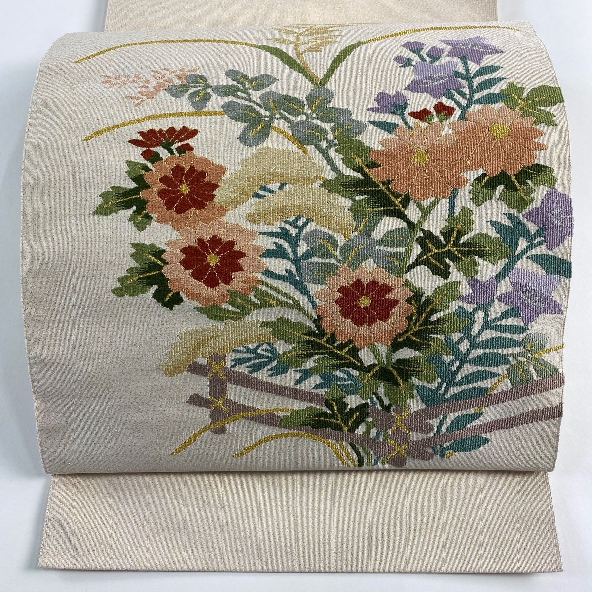 【美品】 名古屋帯 秀品 松葉仕立て トンネル仕立て 八寸名古屋帯 秋草 金銀糸 薄ピンク 正絹 【中古】拍卖