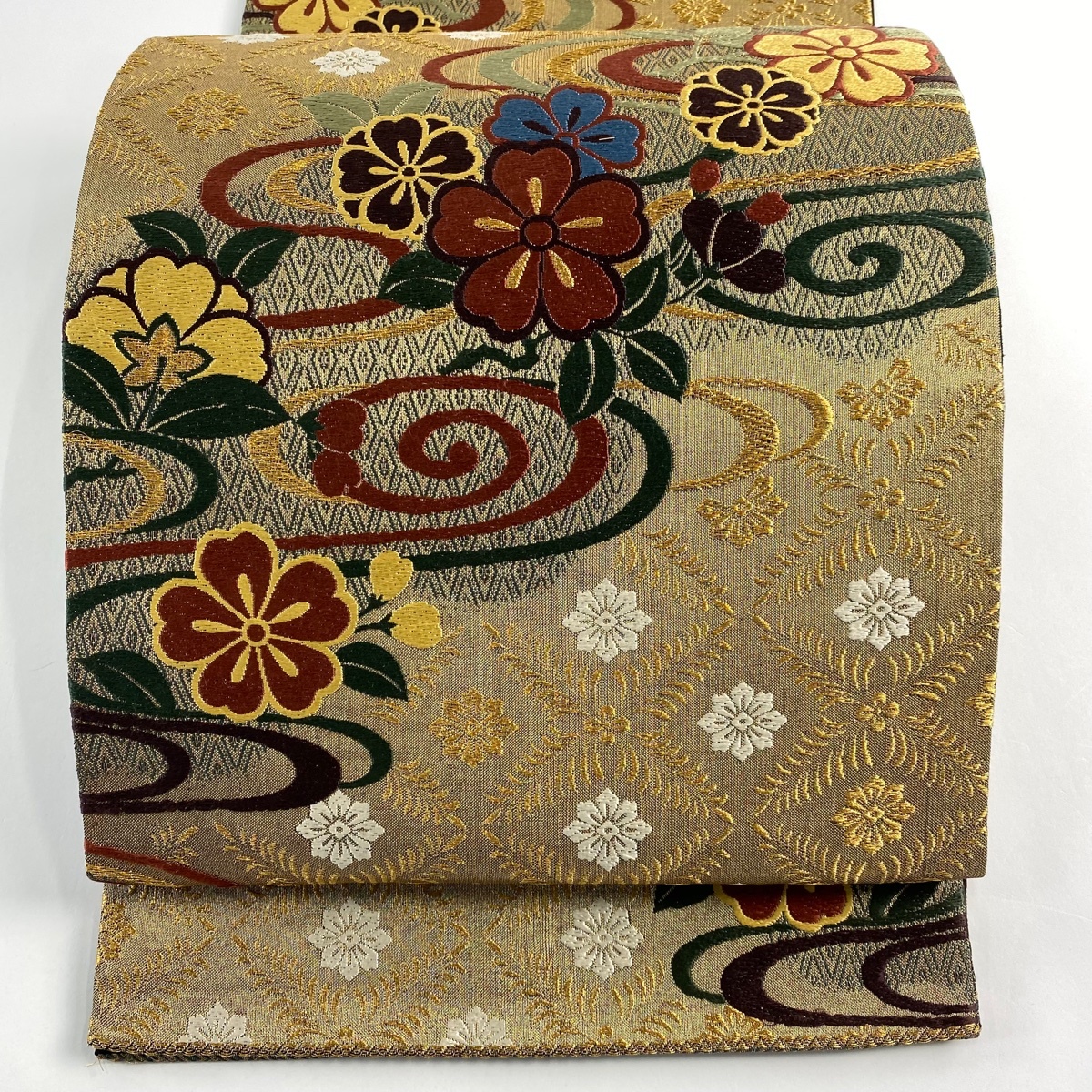 袋帯 秀品 桜 流水 金糸 金色 六通 正絹 【中古】拍卖