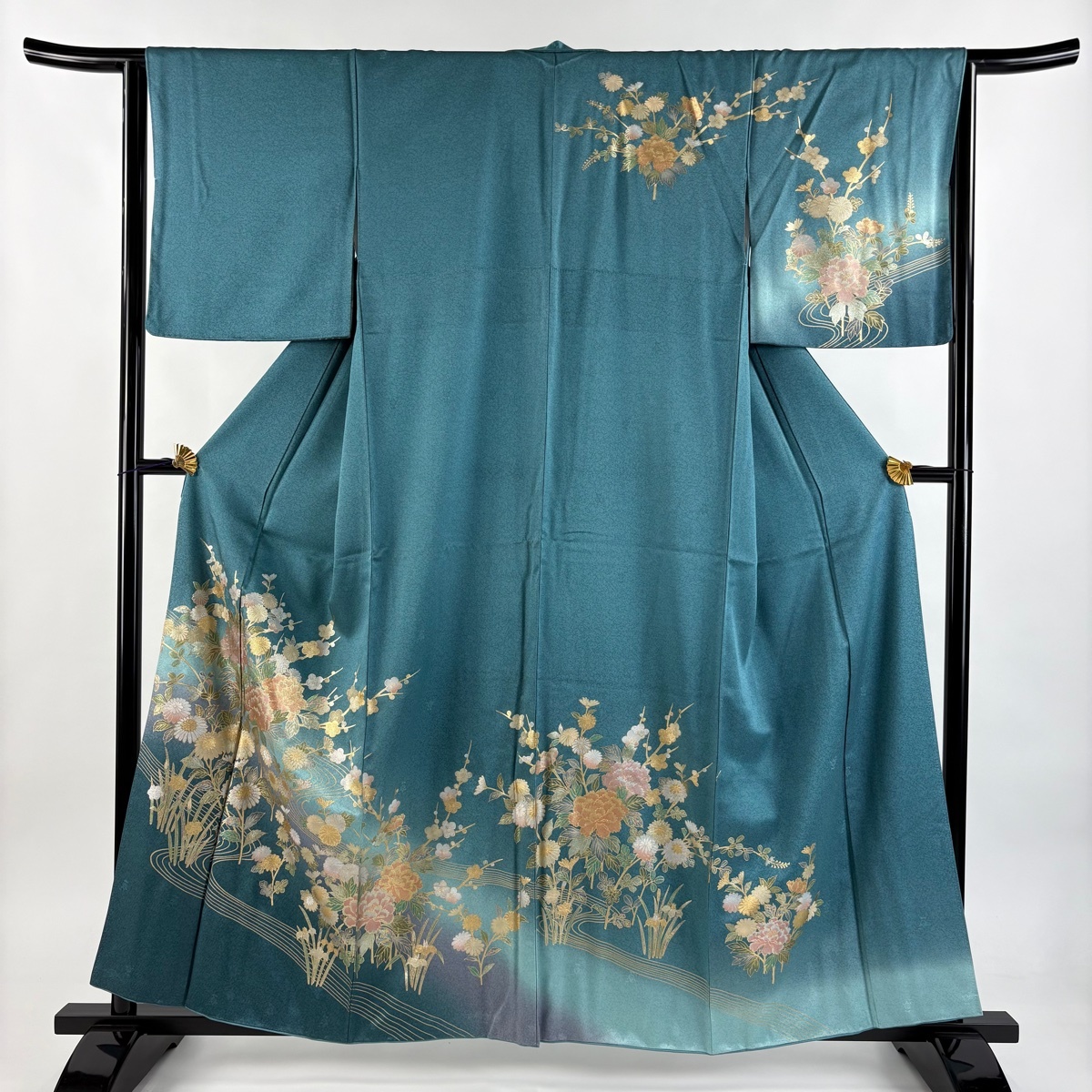【美品】 訪問着 身丈159cm 裄丈64cm M 袷 草花 流水 金銀彩 ぼかし 青緑 正絹 秀品 【中古】拍卖