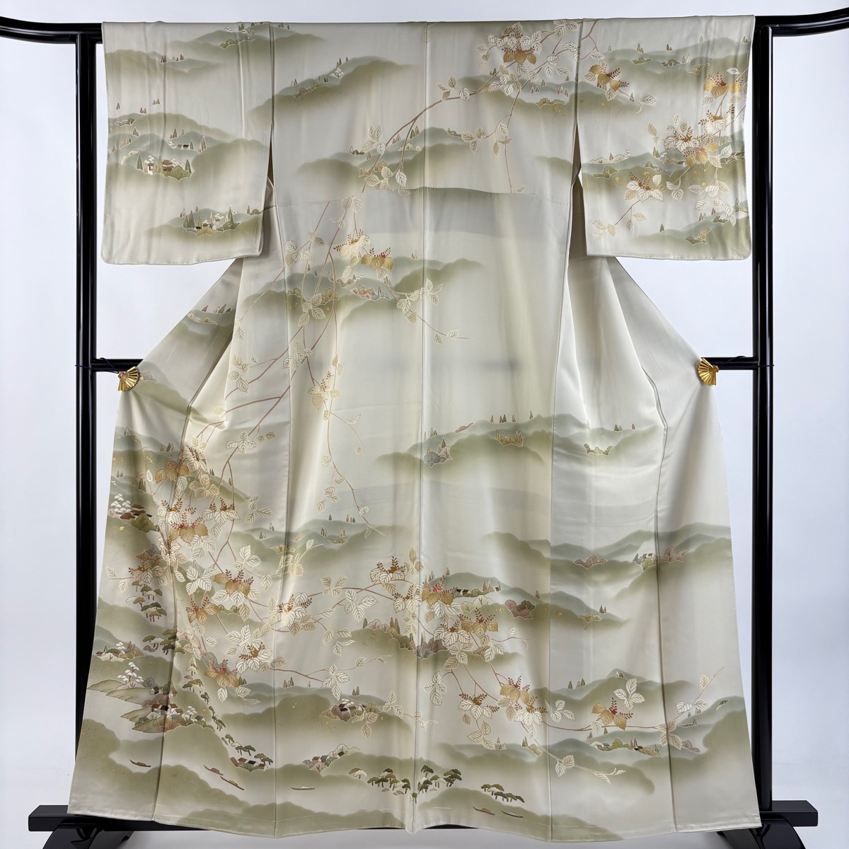訪問着 身丈159cm 裄丈63cm S 袷 風景 桐 金糸 金彩 灰緑 正絹 名品 一つ紋 【中古】拍卖