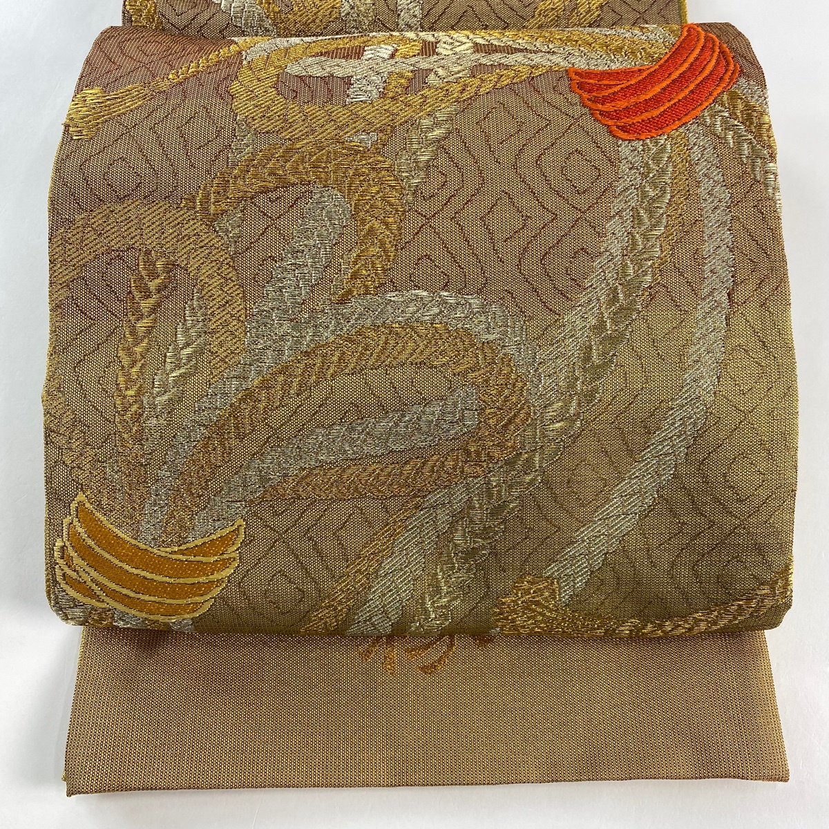 袋帯 名品 落款 室町源 吉祥結び文 金糸 銀糸 金色 全通 正絹 【中古】拍卖