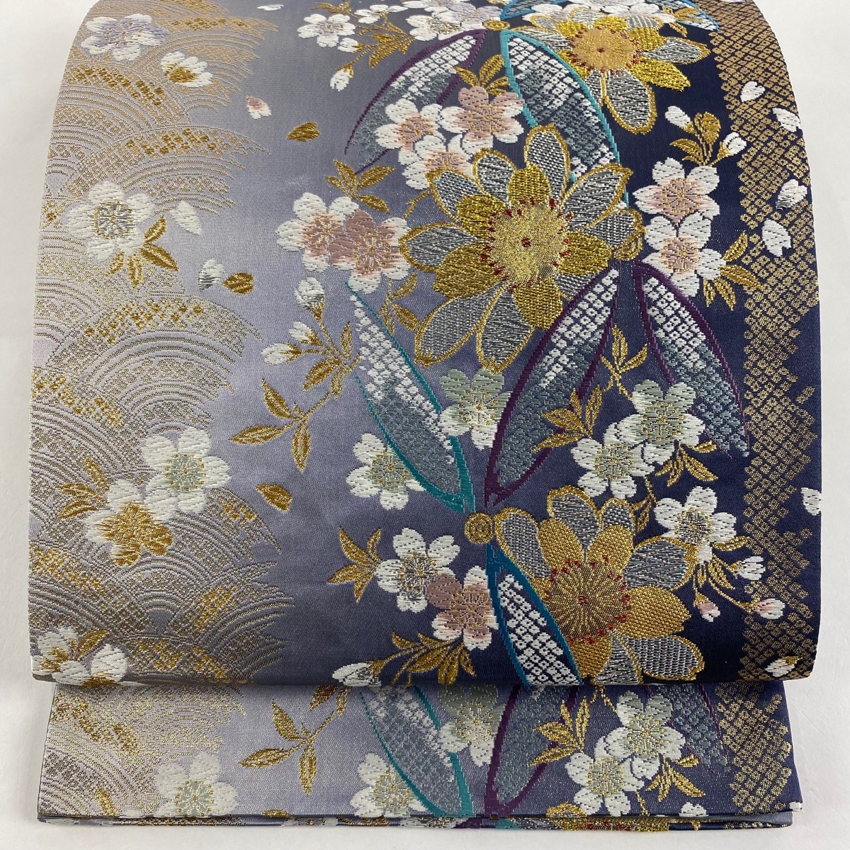 袋帯 秀品 桜 疋田柄 金銀糸 刺繍 青灰色 六通 正絹 【中古】拍卖