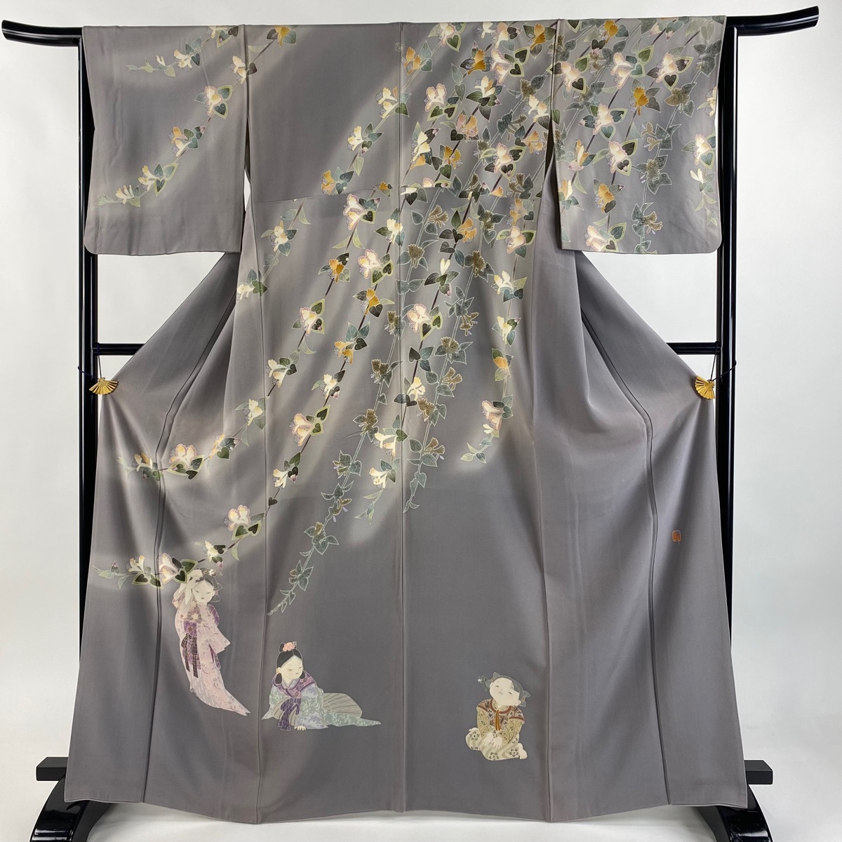 訪問着 身丈166.5cm 裄丈64.5cm M 袷 落款 枝花 童 ぼかし 灰紫 正絹 秀品 一つ紋 【中古】拍卖