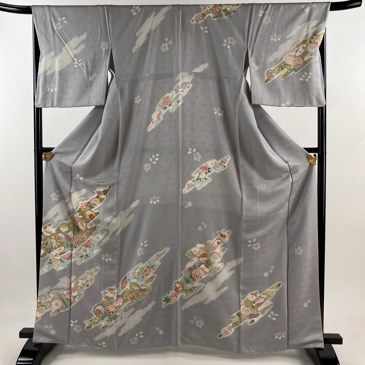 訪問着 身丈165.5cm 裄丈68.5cm L 袷 草花 霞 金彩 絞り 灰紫 正絹 名品 一つ紋 【中古】拍卖
