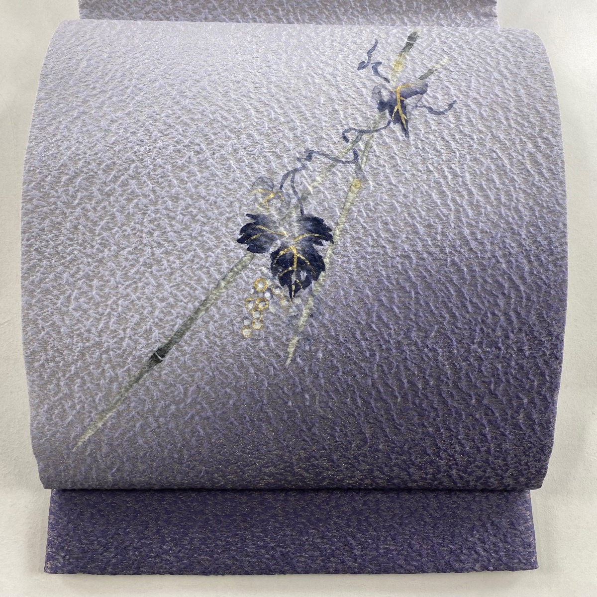 【美品】 袋帯 秀品 葡萄 銀糸 金彩 灰紫 お太鼓柄 正絹 【中古】拍卖