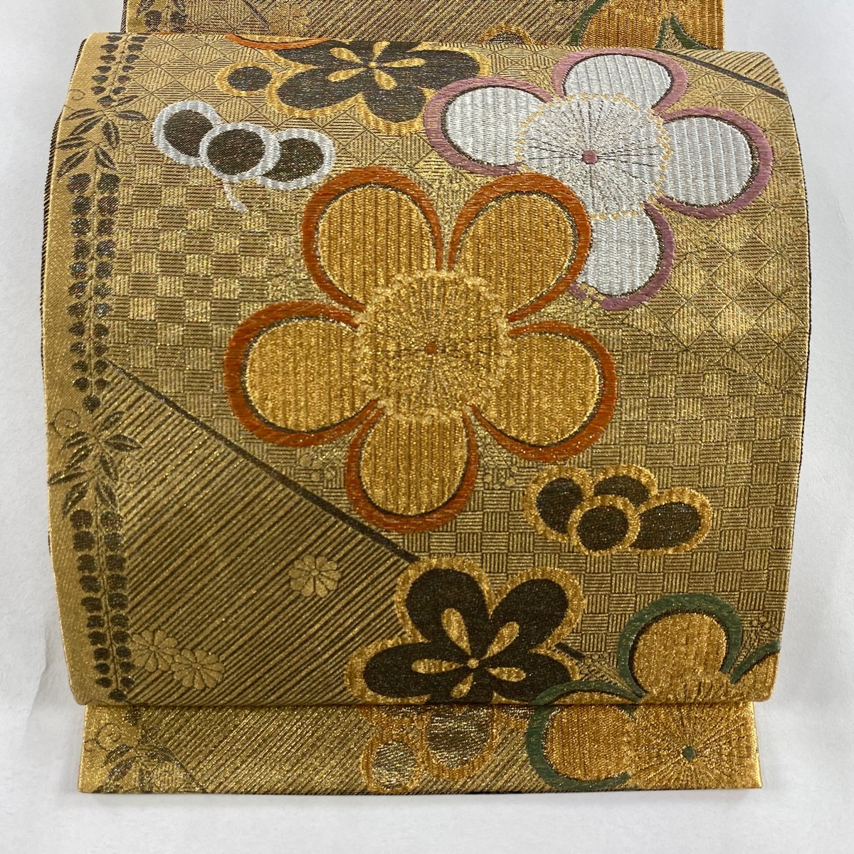 【美品】 袋帯 秀品 鈴乃屋 梅 藤 金銀糸 箔 金色 六通 正絹 【中古】拍卖
