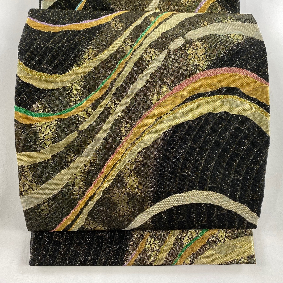 【美品】 袋帯 秀品 幾何学模様 金銀糸 箔 黒 六通 正絹 【中古】拍卖