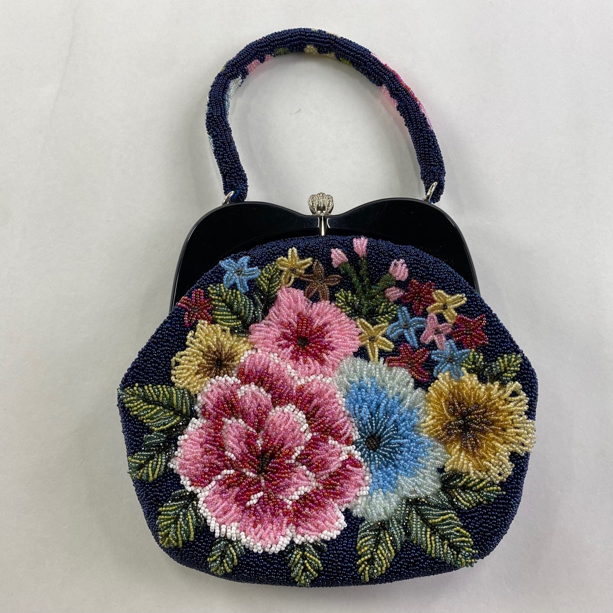 和装バッグ 美品 秀品 ビーズバッグ フォーマル 牡丹 紺色 ビーズ 和装小物 【中古】拍卖